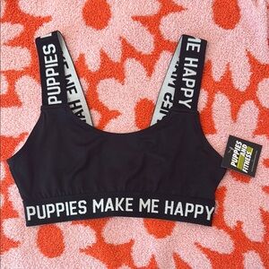PUPPIES MAKE ME HAPPY Black Sports Bra with Black and White Straps